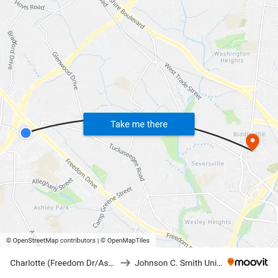 Charlotte (Freedom Dr/Ashley Rd) to Johnson C. Smith University map