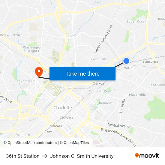 36th St Station to Johnson C. Smith University map