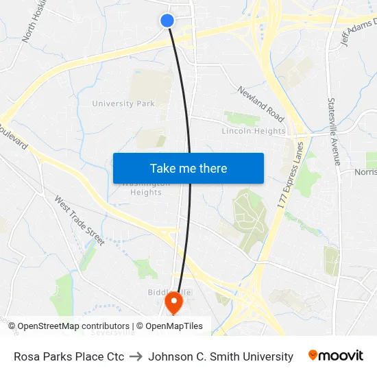 Rosa Parks Place Ctc to Johnson C. Smith University map