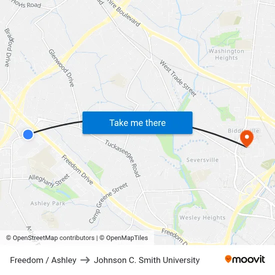 Freedom / Ashley to Johnson C. Smith University map