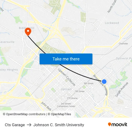 Cts Garage to Johnson C. Smith University map