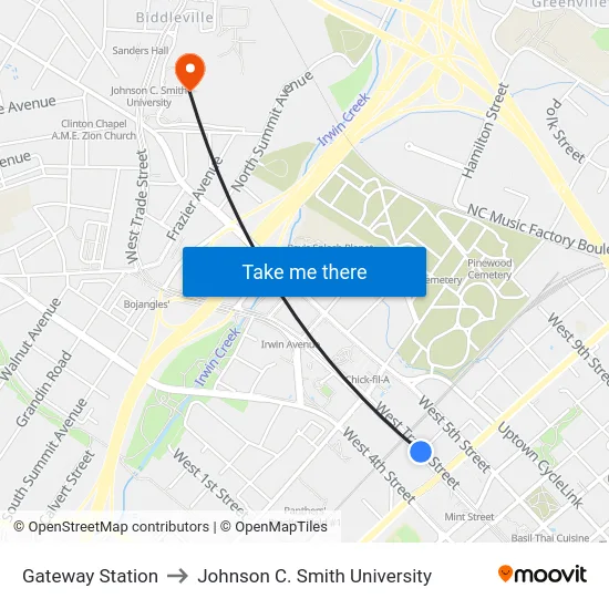 Gateway Station to Johnson C. Smith University map