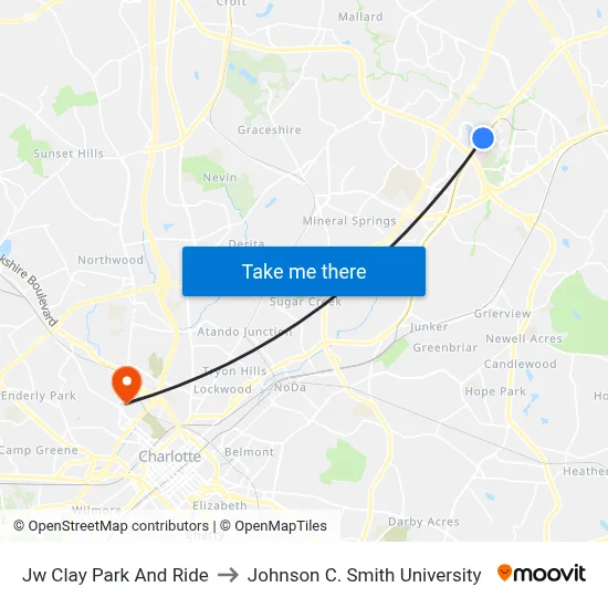 Jw Clay Park And Ride to Johnson C. Smith University map