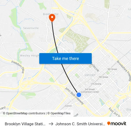 Brooklyn Village Station to Johnson C. Smith University map