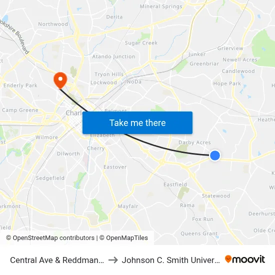 Central Ave & Reddman Rd to Johnson C. Smith University map