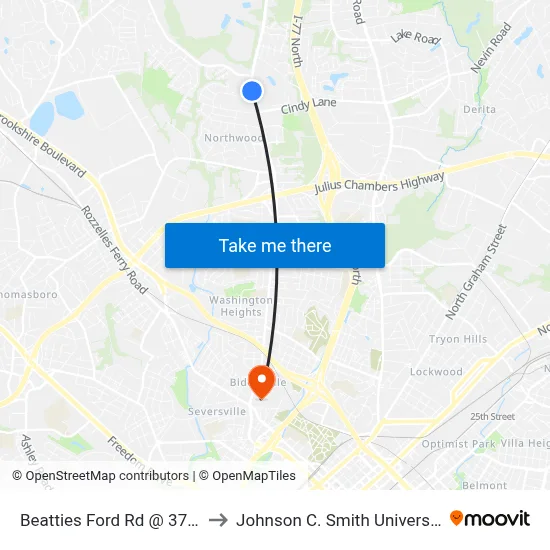Beatties Ford Rd @ 3738 to Johnson C. Smith University map