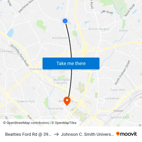 Beatties Ford Rd @ 3938 to Johnson C. Smith University map