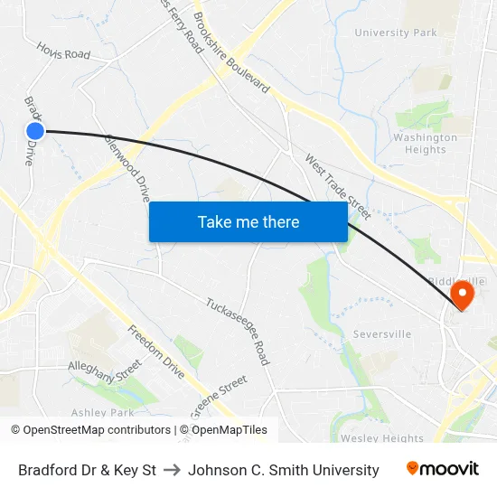 Bradford Dr & Key St to Johnson C. Smith University map