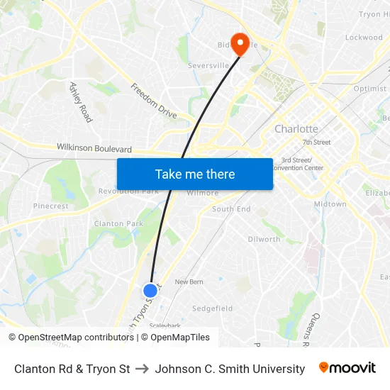 Clanton Rd & Tryon St to Johnson C. Smith University map