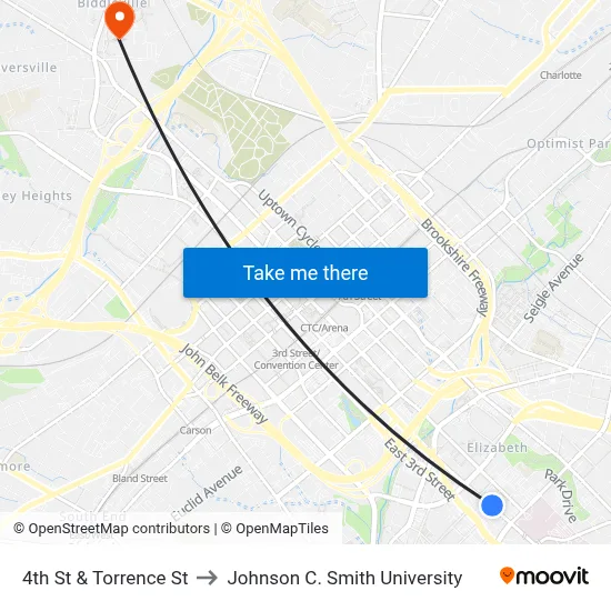4th St & Torrence St to Johnson C. Smith University map