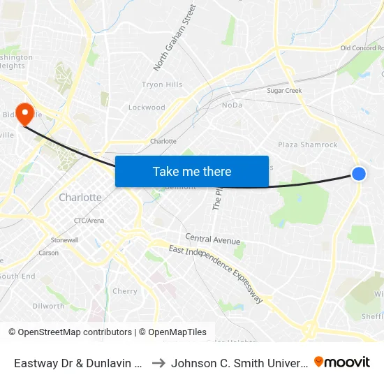Eastway Dr & Dunlavin Way to Johnson C. Smith University map
