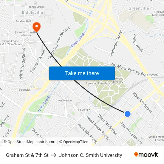Graham St & 7th St to Johnson C. Smith University map