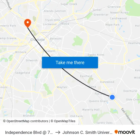 Independence Blvd @ 7016 to Johnson C. Smith University map