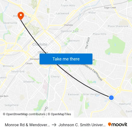 Monroe Rd & Wendover Rd to Johnson C. Smith University map