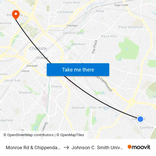 Monroe Rd & Chippendale Rd to Johnson C. Smith University map