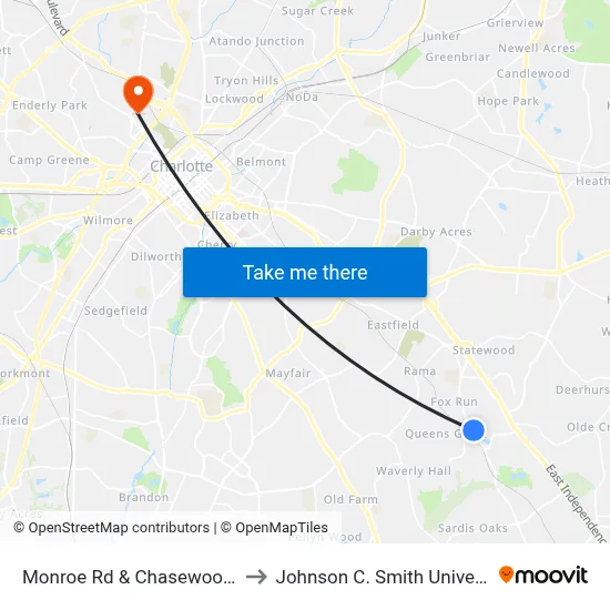 Monroe Rd & Chasewood Dr to Johnson C. Smith University map