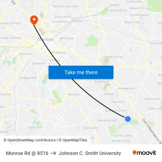 Monroe Rd @ 8516 to Johnson C. Smith University map