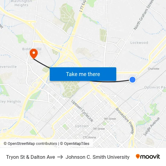 Tryon St & Dalton Ave to Johnson C. Smith University map