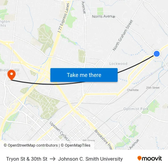 Tryon St & 30th St to Johnson C. Smith University map