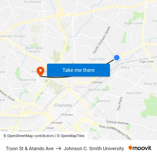 Tryon St & Atando Ave to Johnson C. Smith University map