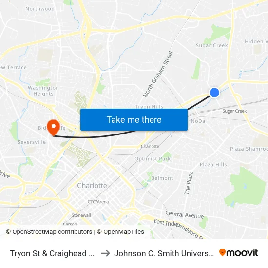 Tryon St & Craighead Rd to Johnson C. Smith University map