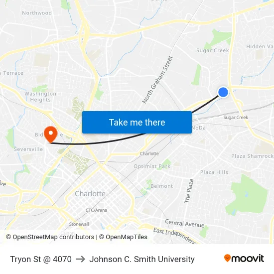 Tryon St @ 4070 to Johnson C. Smith University map