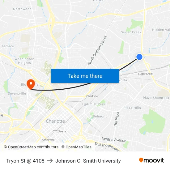 Tryon St @ 4108 to Johnson C. Smith University map