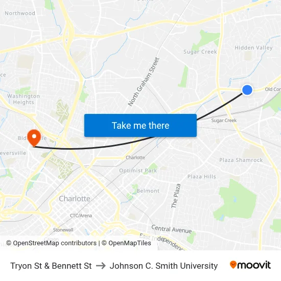 Tryon St & Bennett St to Johnson C. Smith University map
