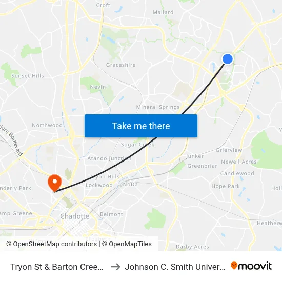 Tryon St & Barton Creek Dr to Johnson C. Smith University map