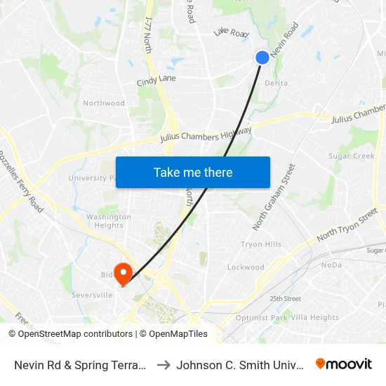 Nevin Rd & Spring Terrace Ln to Johnson C. Smith University map