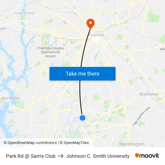 Park Rd @ Sam's Club to Johnson C. Smith University map