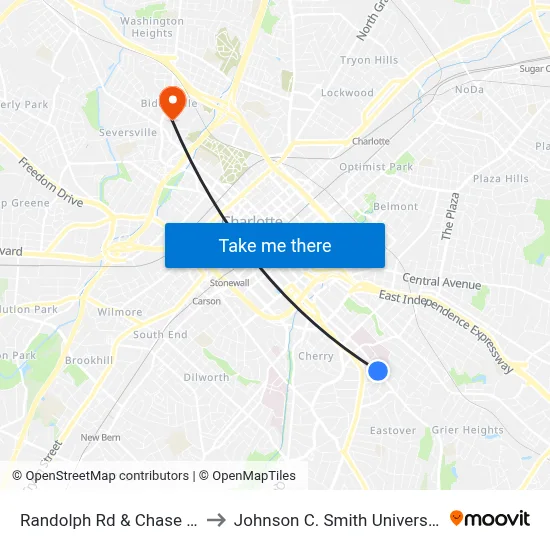 Randolph Rd & Chase St to Johnson C. Smith University map