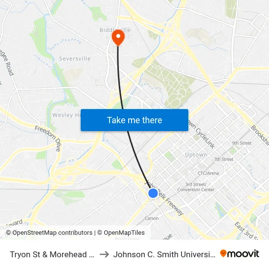 Tryon St & Morehead St to Johnson C. Smith University map