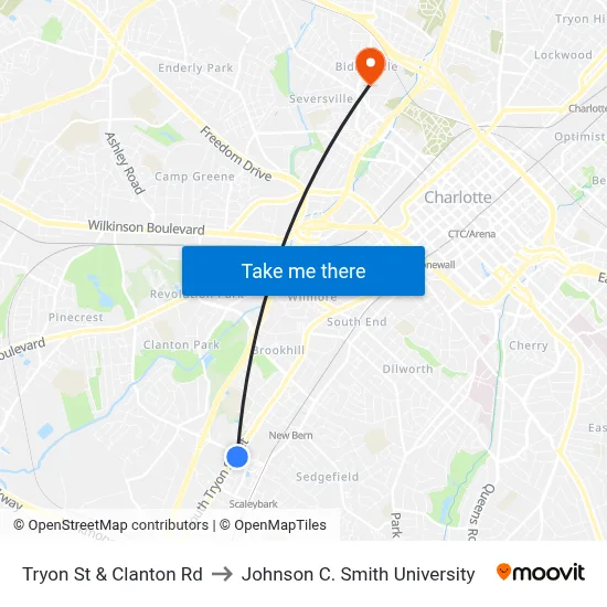 Tryon St & Clanton Rd to Johnson C. Smith University map