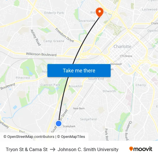 Tryon St & Cama St to Johnson C. Smith University map