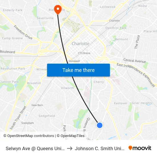Selwyn Ave @ Queens University to Johnson C. Smith University map