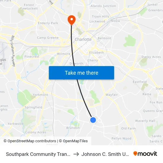 Southpark Community Transit Center to Johnson C. Smith University map