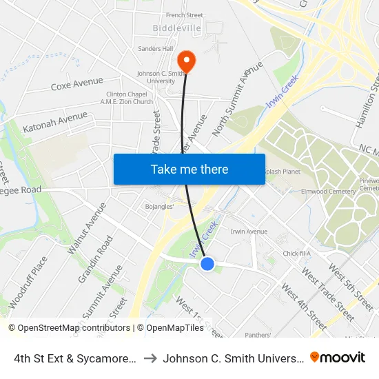 4th St Ext & Sycamore St to Johnson C. Smith University map