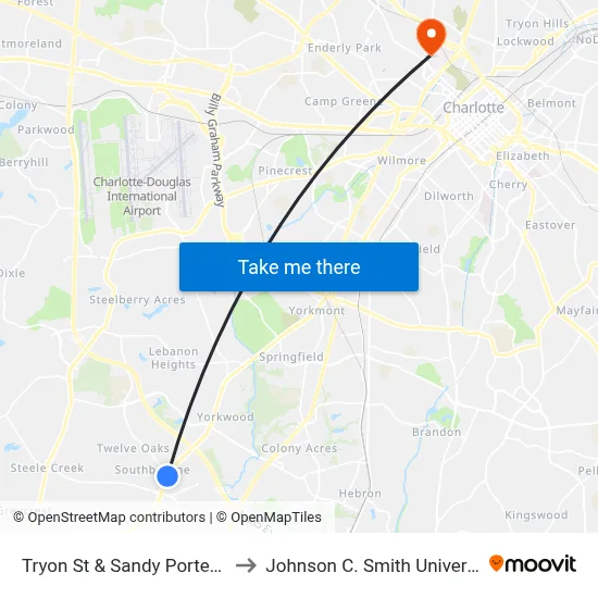 Tryon St & Sandy Porter Rd to Johnson C. Smith University map
