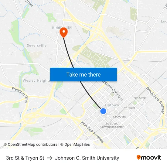 3rd St & Tryon St to Johnson C. Smith University map