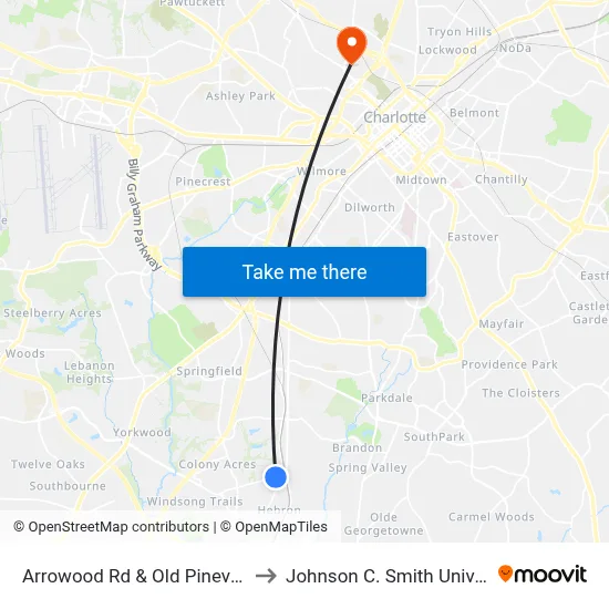 Arrowood Rd & Old Pineville Rd to Johnson C. Smith University map