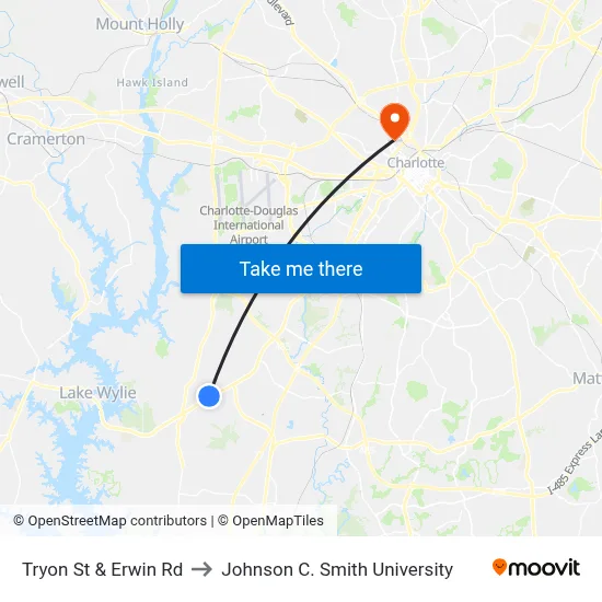 Tryon St & Erwin Rd to Johnson C. Smith University map
