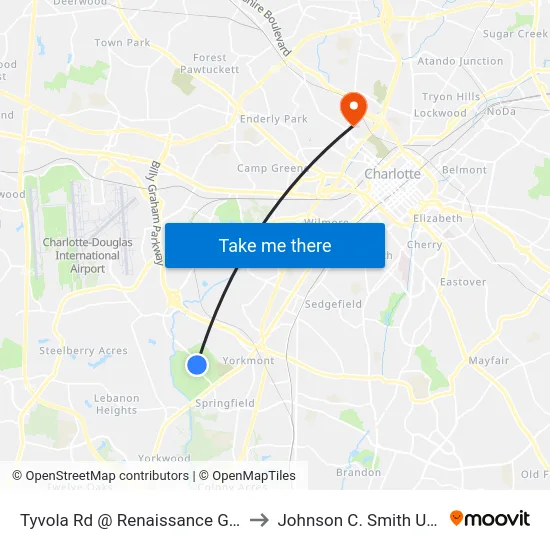 Tyvola Rd @ Renaissance Golf Course to Johnson C. Smith University map