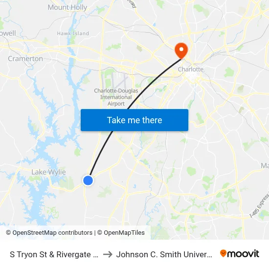 S Tryon St & Rivergate Py to Johnson C. Smith University map