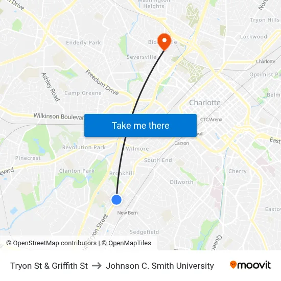 Tryon St & Griffith St to Johnson C. Smith University map