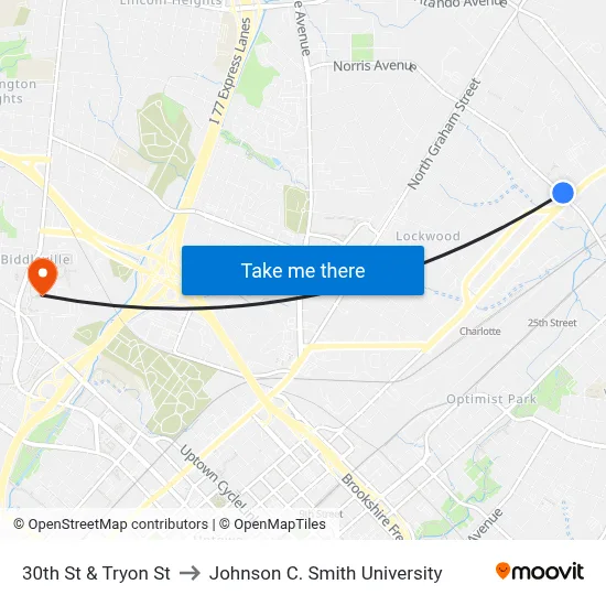 30th St & Tryon St to Johnson C. Smith University map