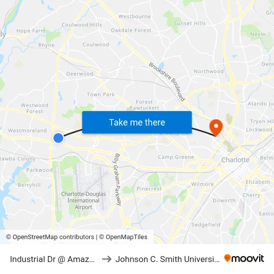 Industrial Dr @ Amazon to Johnson C. Smith University map