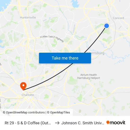 Rt 29 - S & D Coffee (Outbound) to Johnson C. Smith University map