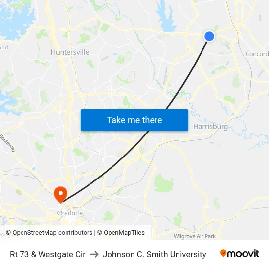 Rt 73 & Westgate Cir to Johnson C. Smith University map