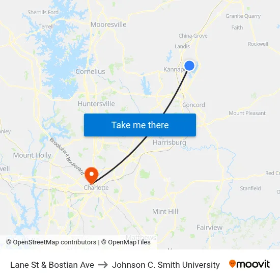 Lane St & Bostian Ave to Johnson C. Smith University map